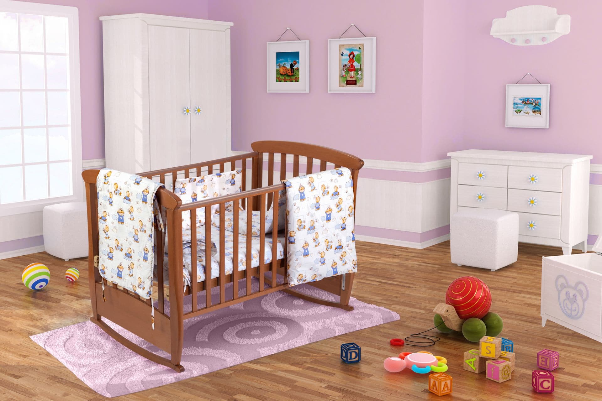 Set pentru patut bebe, Somnart, cearceaf cu elastic pentru saltea 60x120x10, pernuta 37×55, pilota 100×105, aparatori 180x45, model Ursuleti - 2