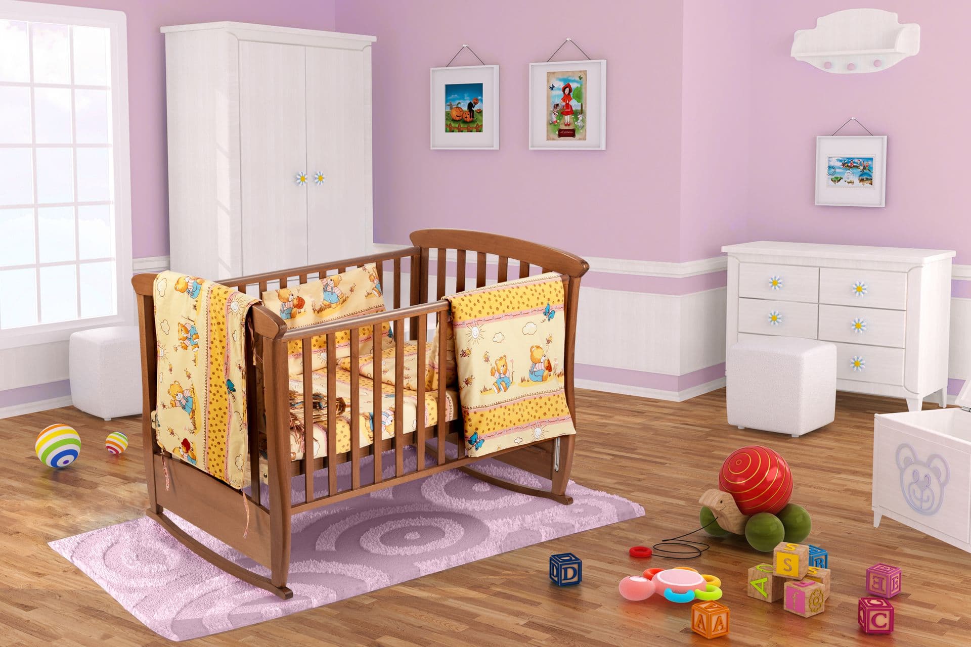 Set pentru patut bebe, Somnart, cearceaf cu elastic pentru saltea 60x120x10, pernuta 37×55, pilota 100×105, aparatori 180x45, model Honey - 2