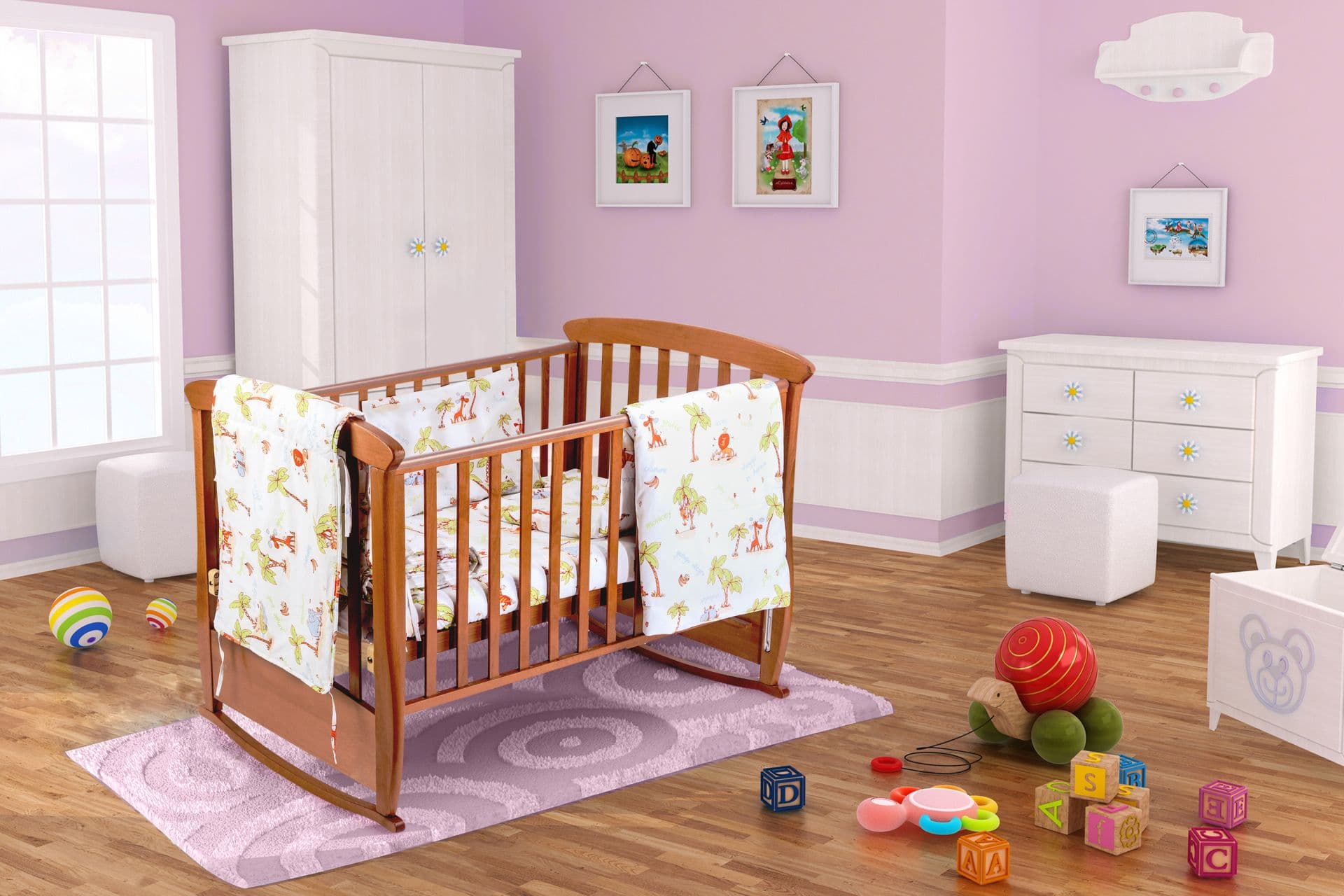 Set pentru patut bebe, Somnart, cearceaf cu elastic pentru saltea 60x120x10, pernuta 37×55, pilota 100×105, aparatori 180x45, model Jungle - 6