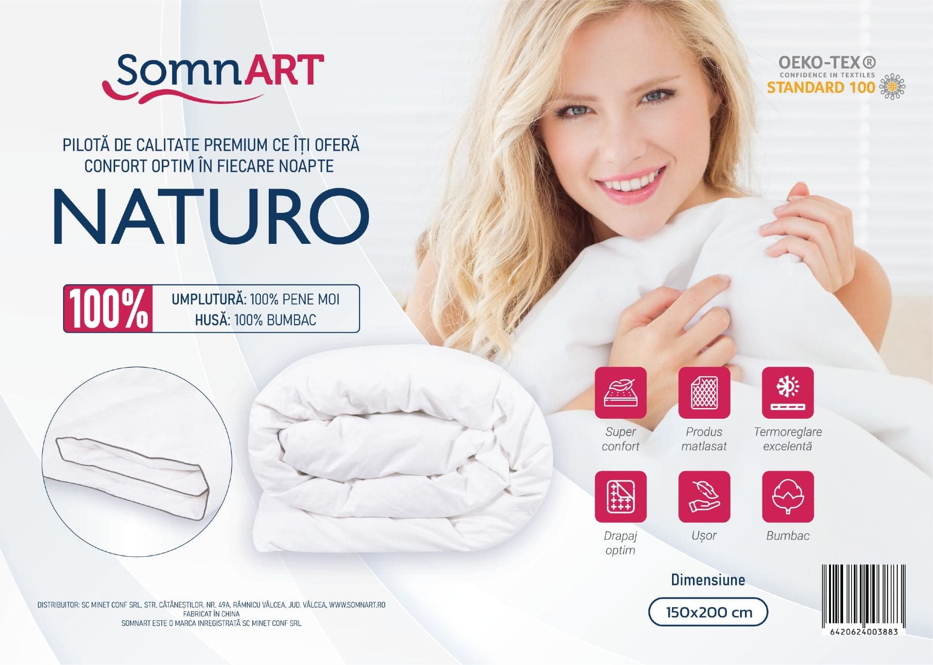 Pilota Naturo Pene 150x200, materiale 100% naturale, tesatura bumbac, mentine temperatura corpului - 5