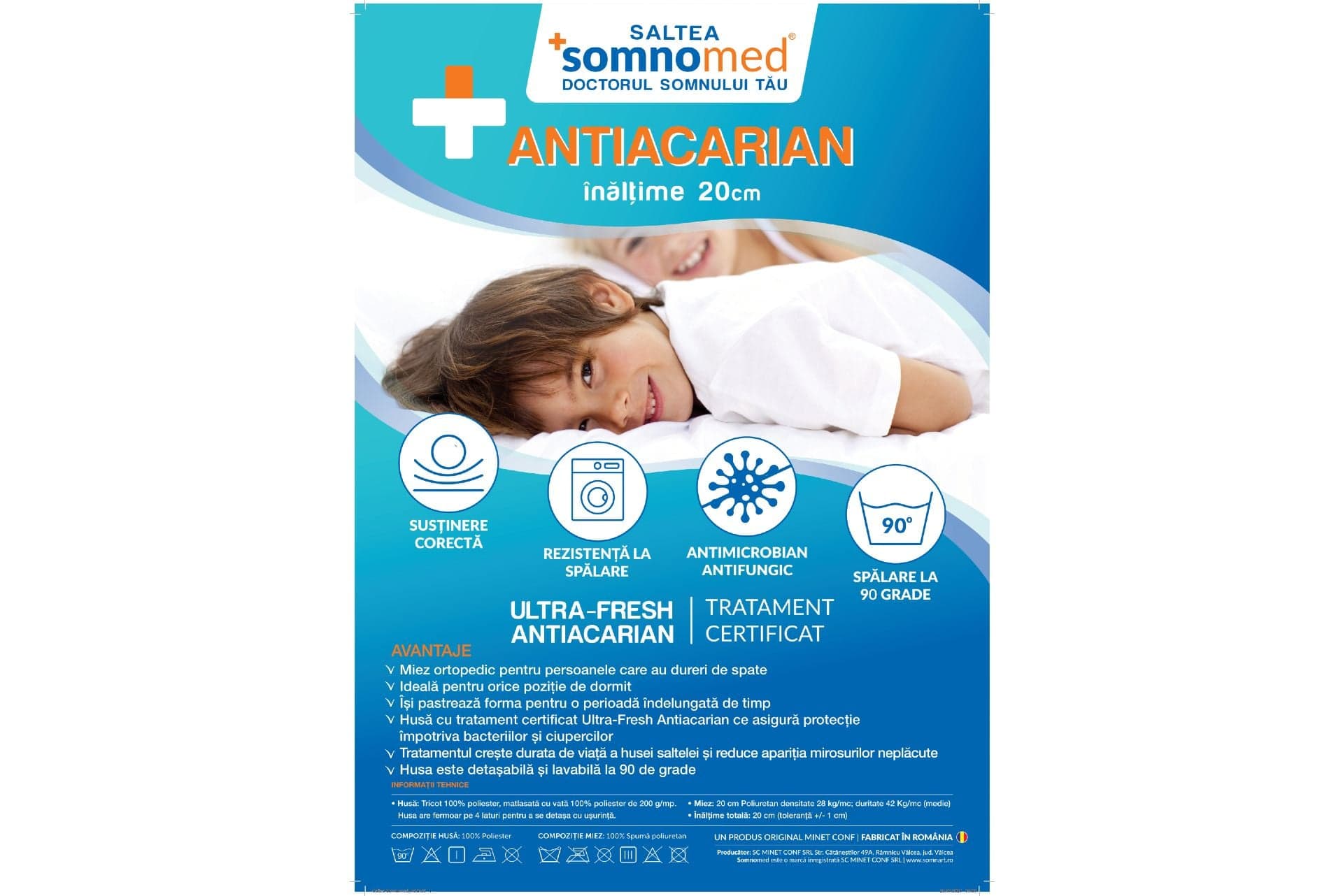 Saltea cu spumă poliuretanică Somnomed Antiacaria 180x200, înălțime 20 cm, pentru alergici, husă detașabilă și lavabilă cu tratament antiacarian, fermitate medie - 12