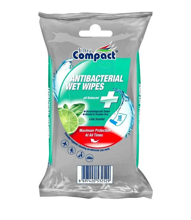 Servetele Umede Antibacteriene 🚫🦠 pentru Maini, Dezinfectante, Ultra Compact, 15 buc/set, fara Alcool sau Parabeni, Lime 🍋