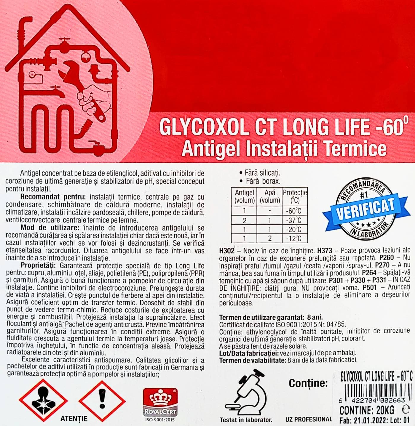 Antigel instalatii, Glycoxol CT Long Life -60°C, 20KG, aditivat cu inhibitori de coroziune - 3