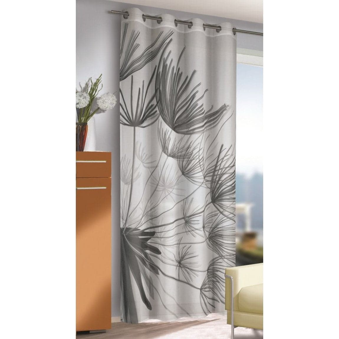 Perdea cu inele, Harco, L135 x H245, alb cu model gri