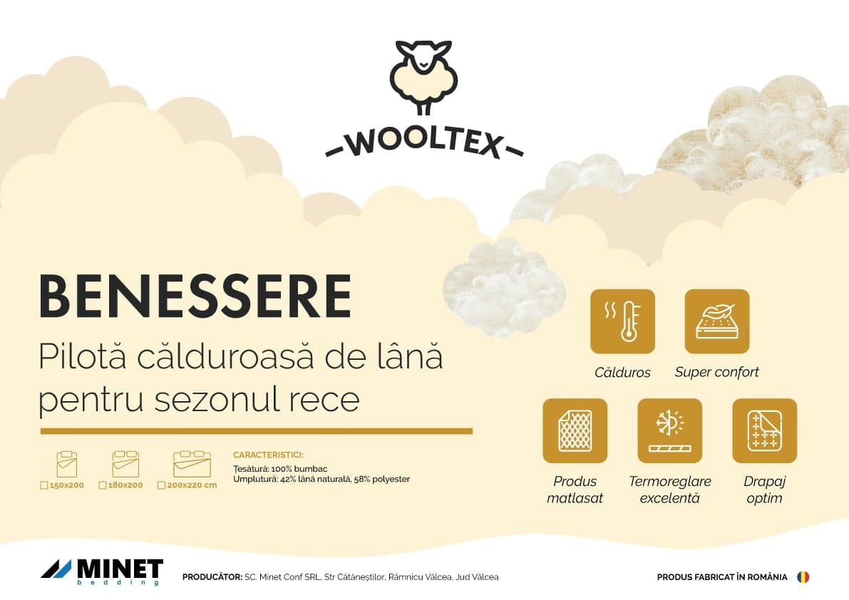 Pilota calduroasa de iarna matlasata Wooltex Benessere Somnart, 180x200 cm, umplutura lana, 600 g/m², tesatura 100% bumbac - 5