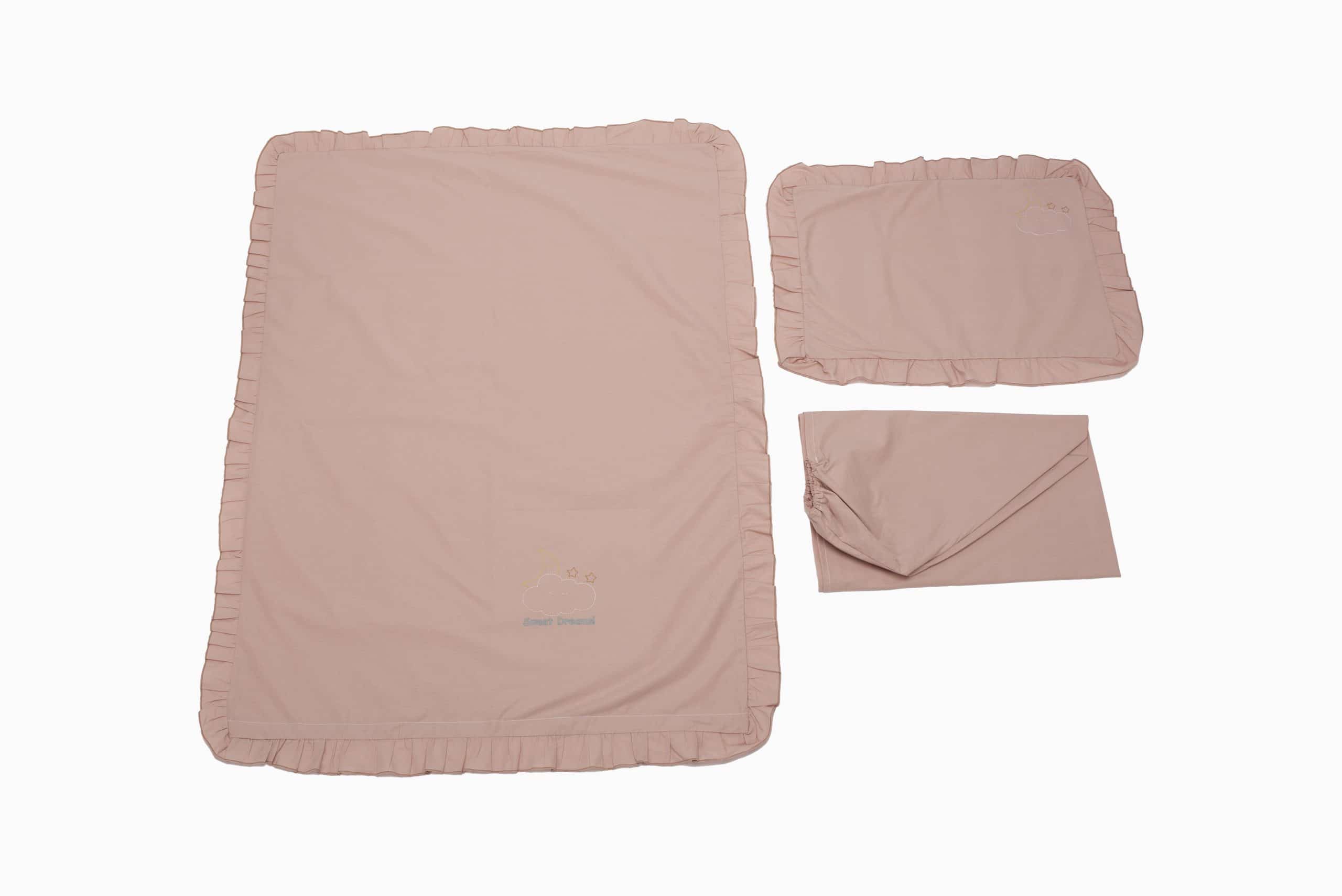 Set lenjerie patut bebe, bumbac (cearceaf pat 60x120, cearceaf pilota 80x110, fata perna 35x50), brodata, cu volan, ROZ - 2