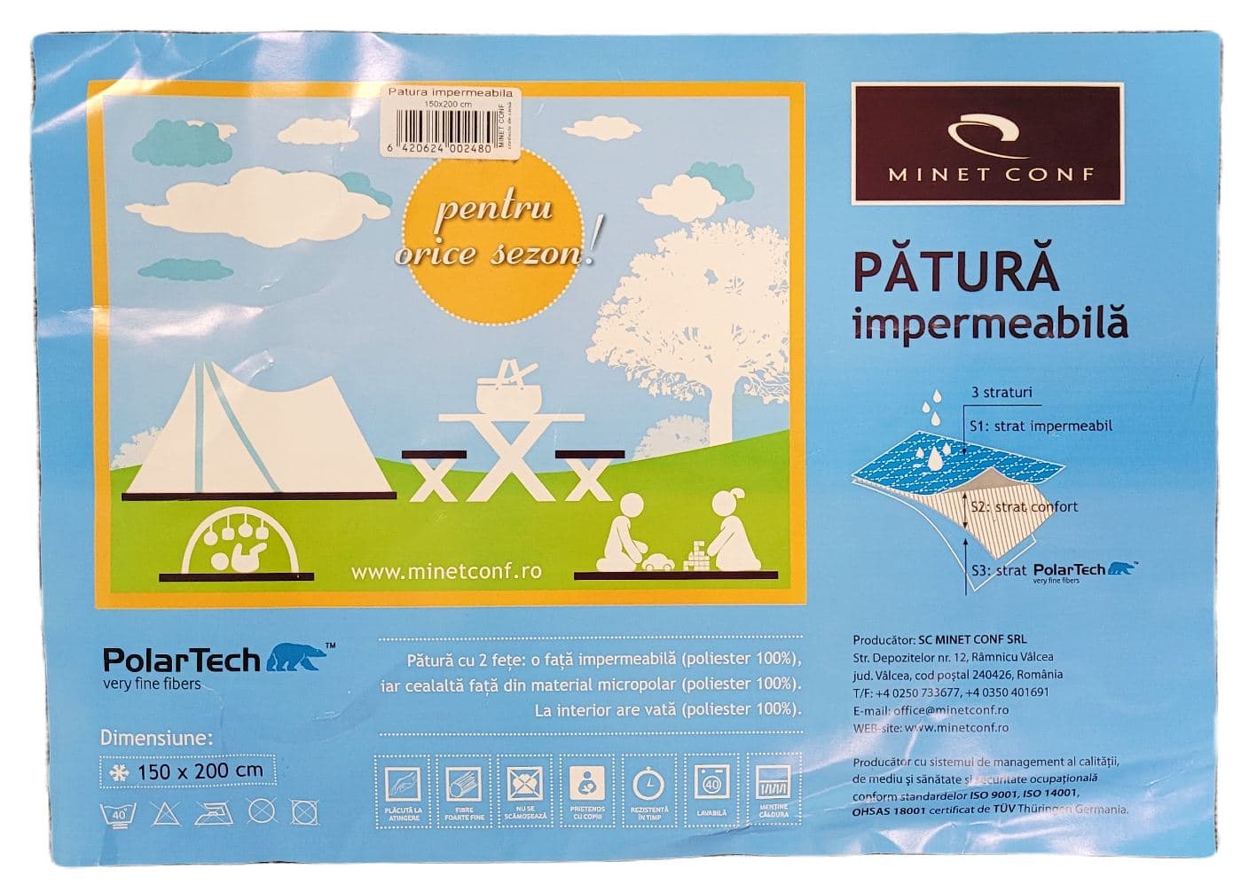 Patura cocolino picnic impermeabila 3 straturi, PolarTech Somnart, 150x200, albastru + gri inchis - 5