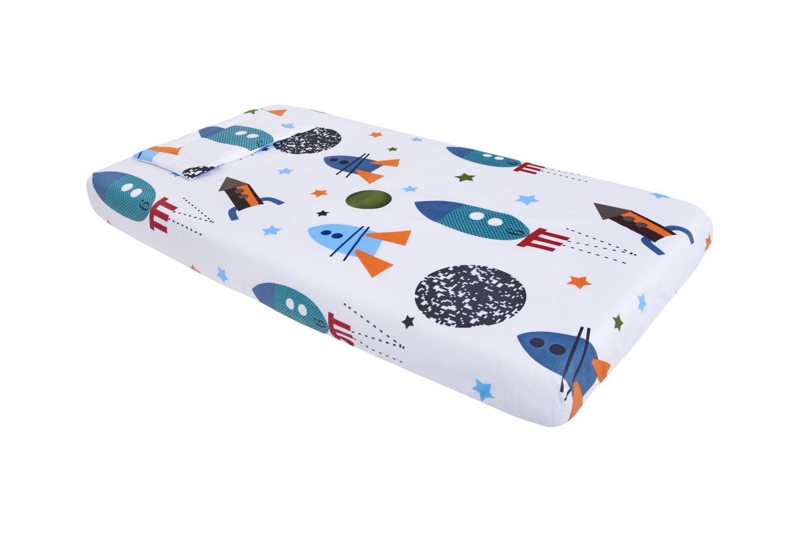 Lenjerie patut bebe, SomnART, cearceaf pat 60x120x10 cu elastic, cearceaf pilota 80x110, perna joasa 20x35, Rachete - 2