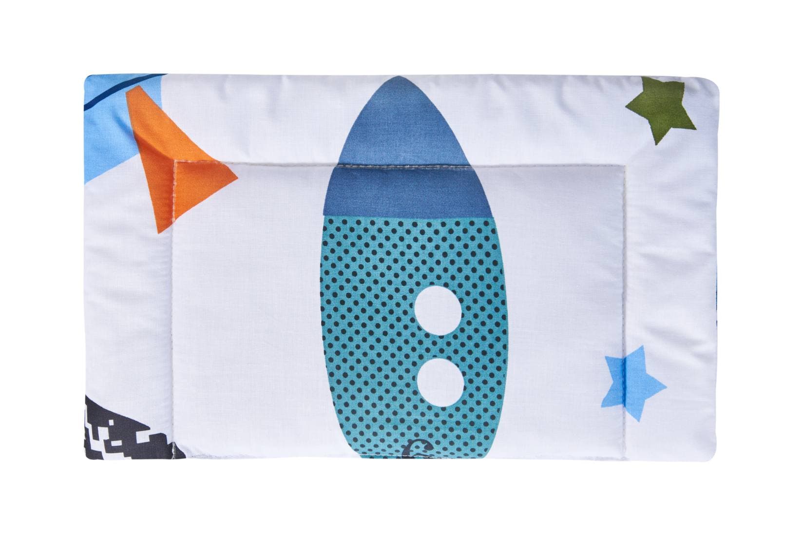 Lenjerie patut bebe, SomnART, cearceaf pat 60x120x10 cu elastic, cearceaf pilota 80x110, perna joasa 20x35, Rachete - 3