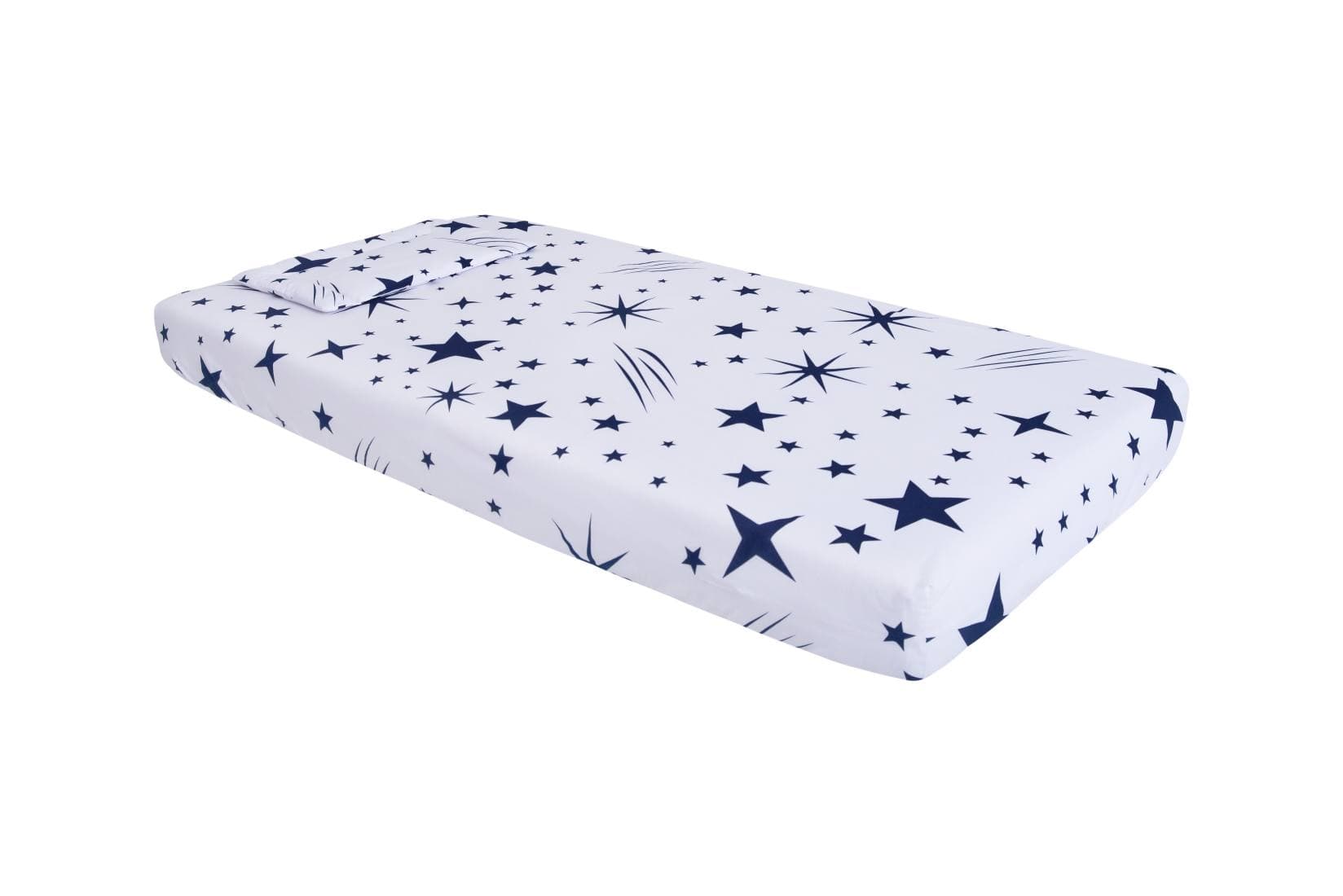 Lenjerie patut bebe, SomnART, cearceaf pat 60x120x10 cu elastic, cearceaf pilota 80x110, perna joasa 20x35, Stelute - 2