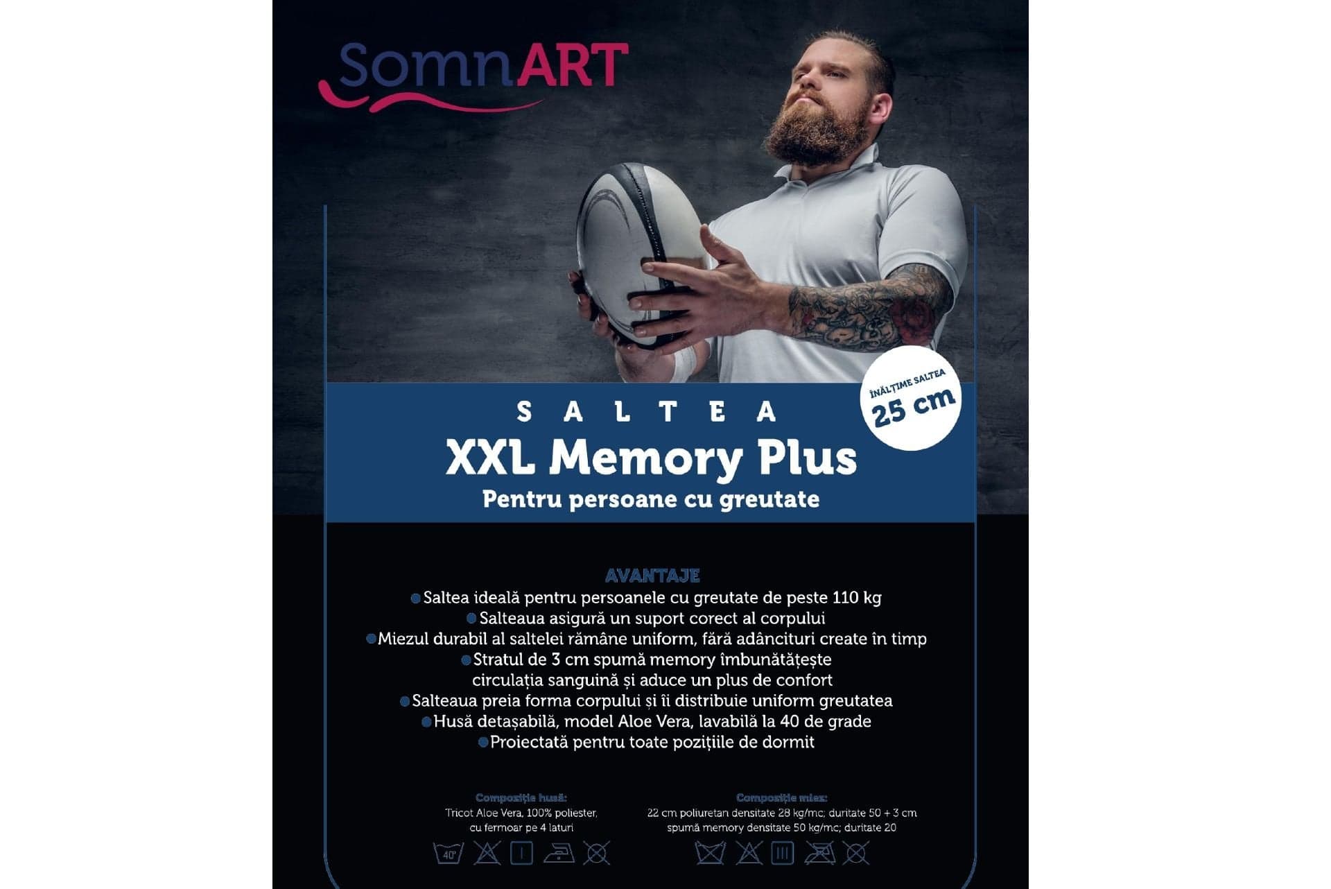 Saltea cu memorie Somnart XXL Memory Plus 140x200, înălțime 25 cm, pentru persoane supraponderale, husă Aloe Vera detașabilă, rulată, fermitate mare - 11