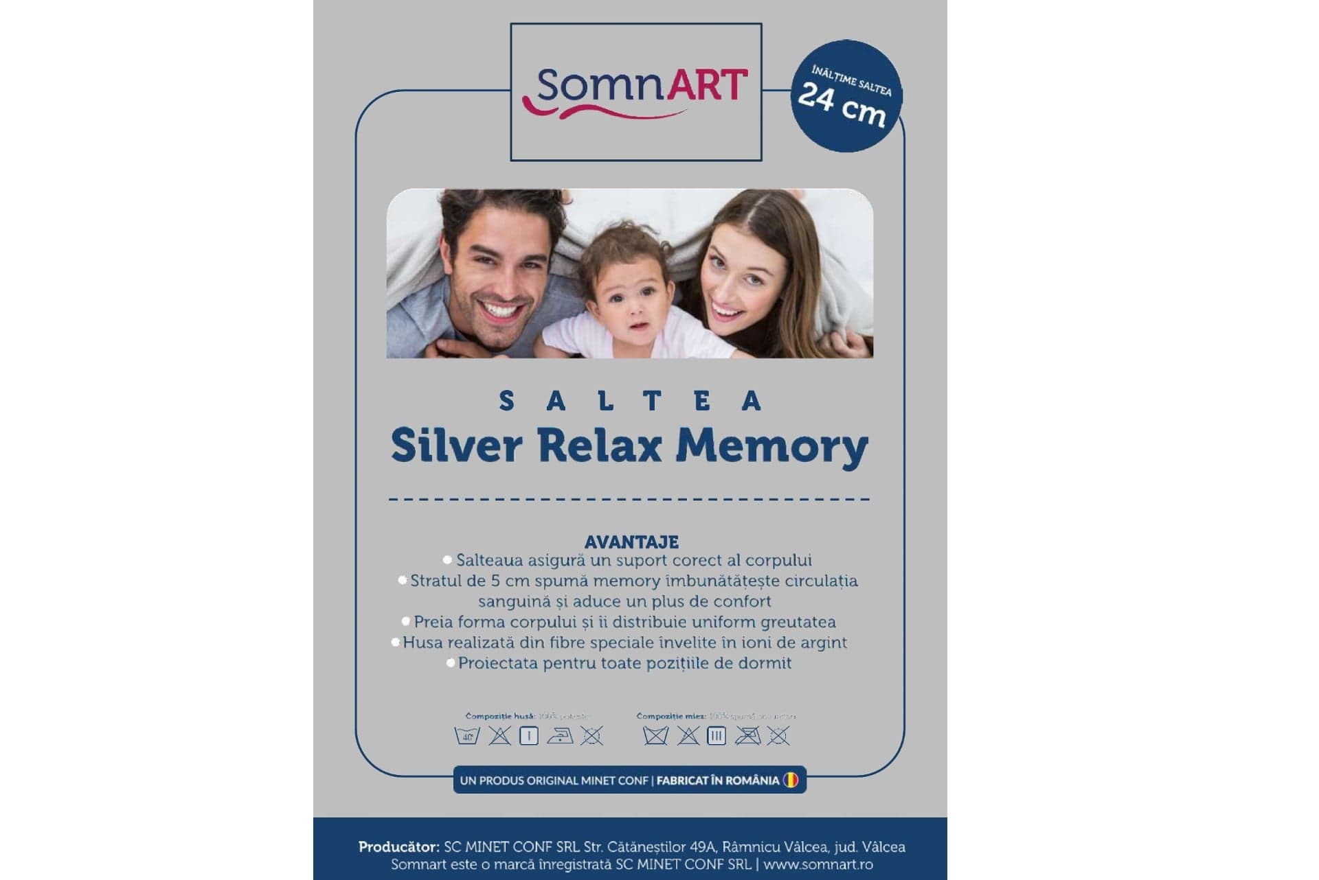 Saltea cu memorie Somnart Silver Relax 160x200, înălțime 24 cm, husă cu ioni de argint, cu mânere, fermitate medie - 8