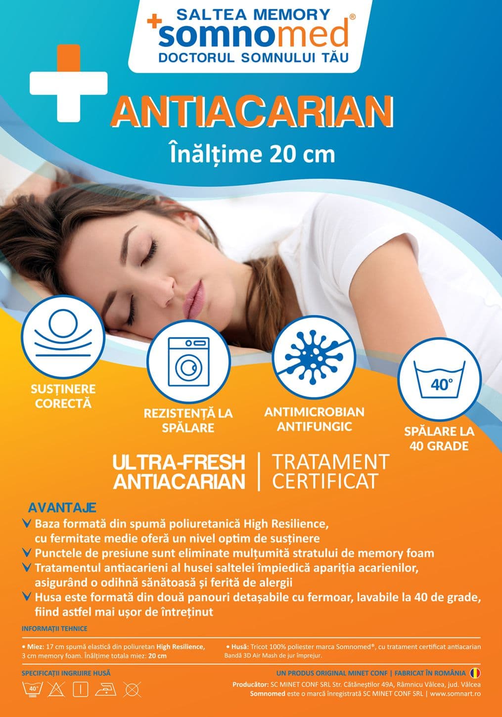 Saltea cu memorie Somnomed Antiacaria 140x200, înălțime 20 cm, pentru alergici, husă cu tratament antiacarian, rulată, fermitate medie - 8