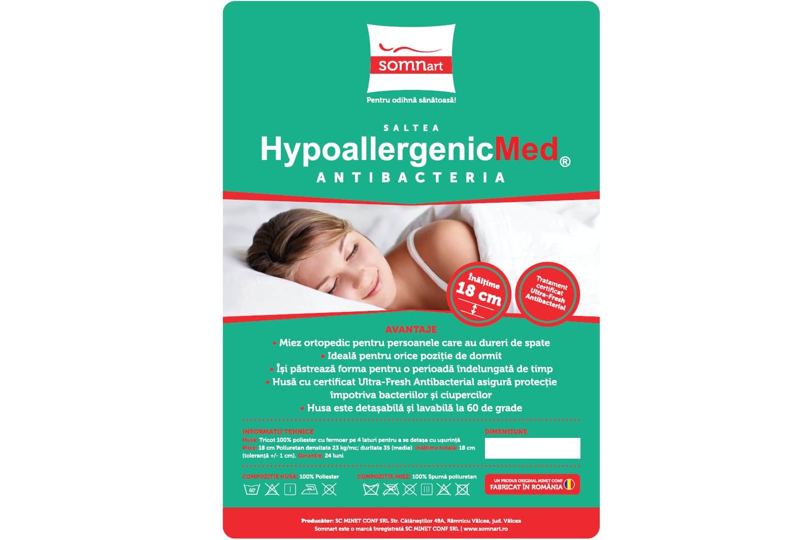 Saltea cu spumă poliuretanică Somnart HypoallergenicMed Antibacteria, 90x200, înălțime 18 cm, antibacterii, husă detașabilă cu fermoar, fermitate medie - 8