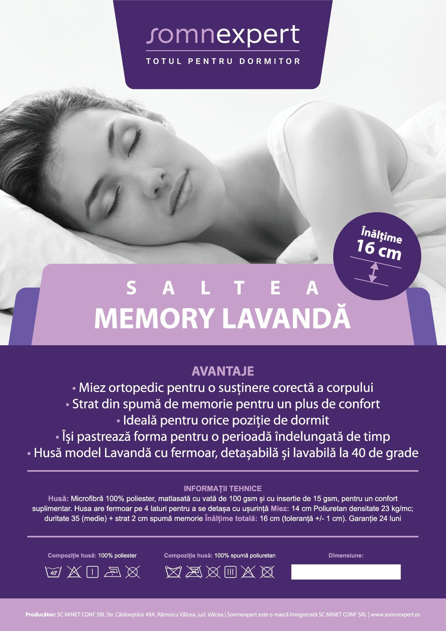 Saltea cu memorie Somnexpert Lavanda 160x200, înălțime 16 cm, ortopedică, husă tratată cu lavandă, lavabilă, cu fermoar, rulată, fermitate medie - 8