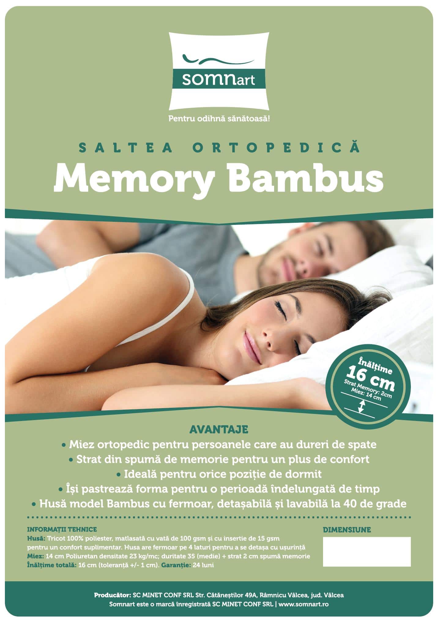 Saltea cu memorie 3D Somnart Memory Bambus 160x200, înălțime 16 cm, husă cu bambus lavabilă și detașabilă cu fermoar, mânere, fermitate medie - 16