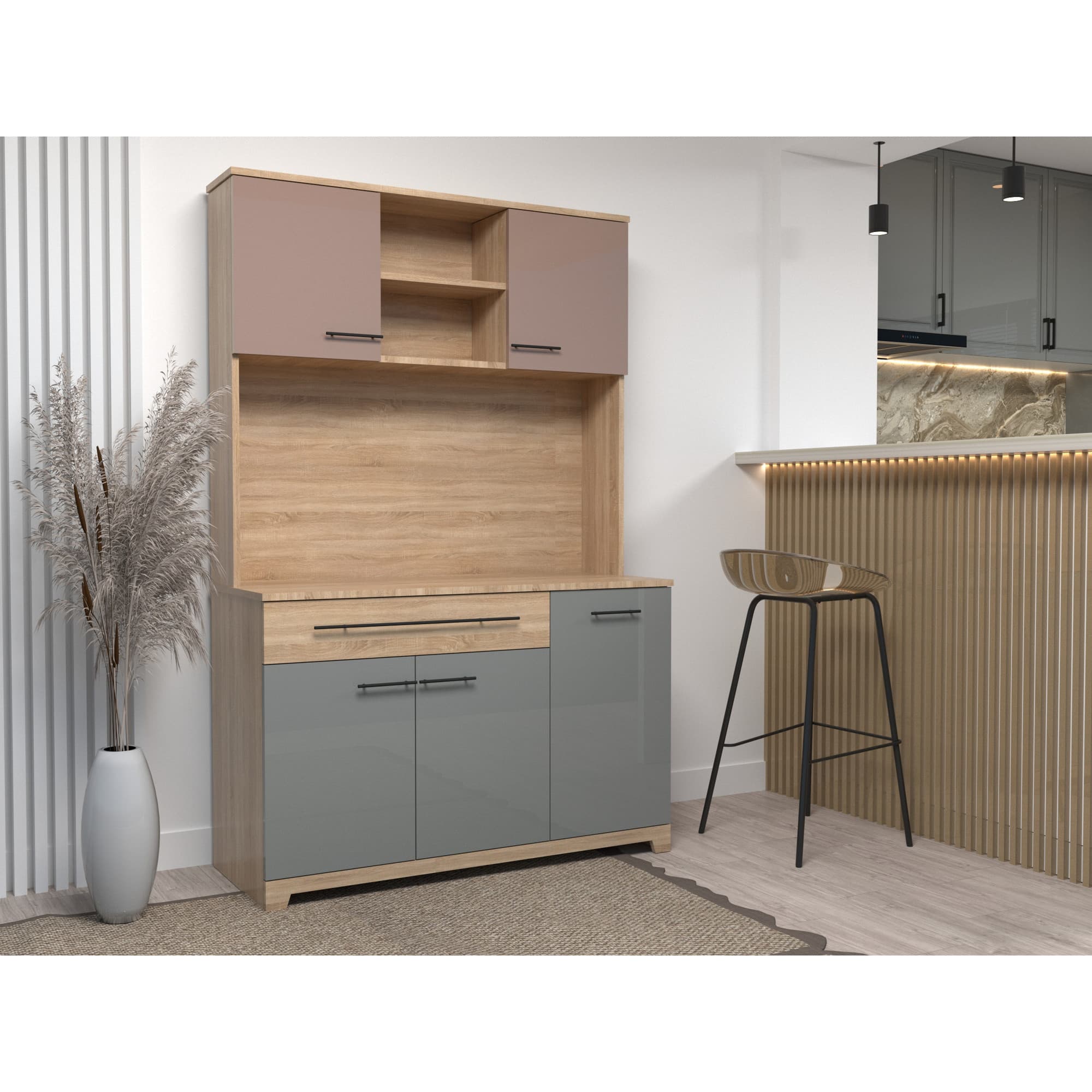Bufet de bucatarie Atelier Ana, dimensiuni 120x49x180cm, culoare sonoma/casmir/capucino