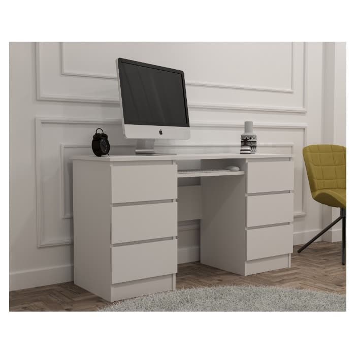 Birou Atelier Denver, dimensiuni 140x50x75 cm, culoare alb, include 6 sertare
