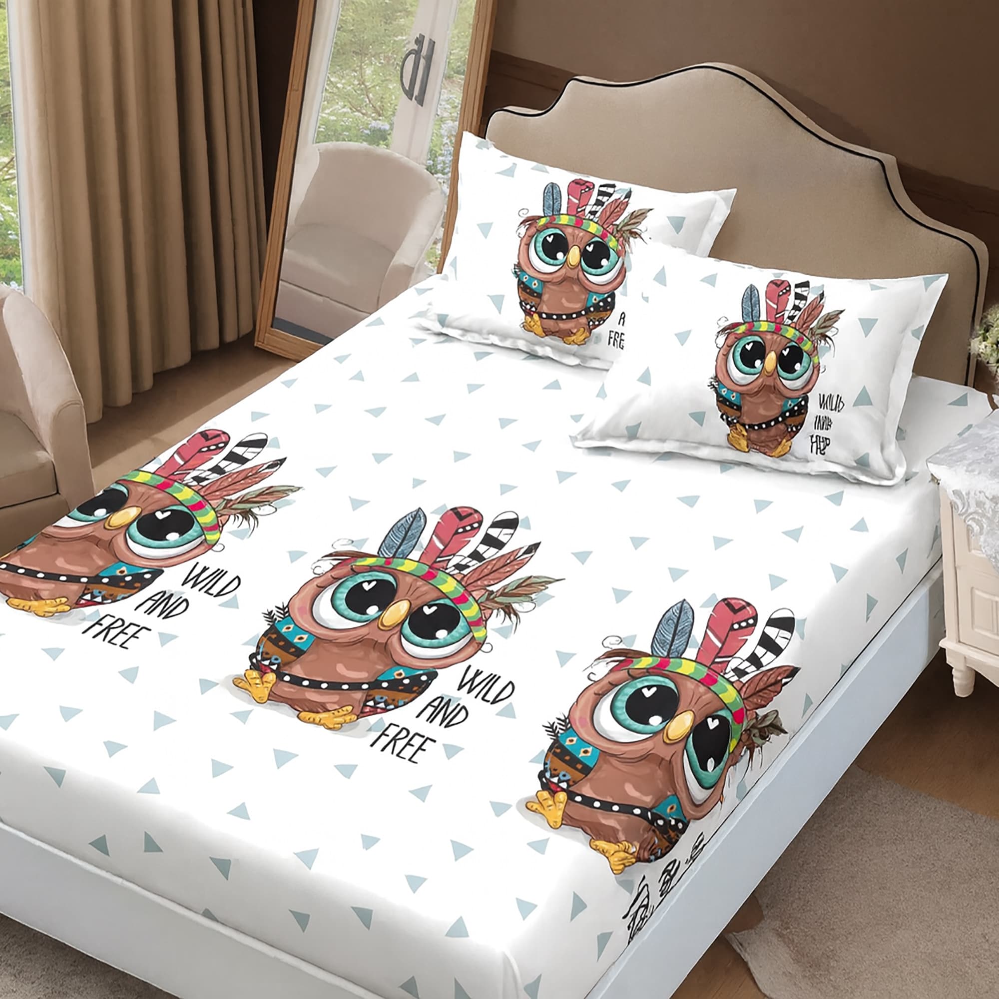 Husa de pat Finet + 2 fete de perna, pentru saltea de 160×200 cm, Bufnite